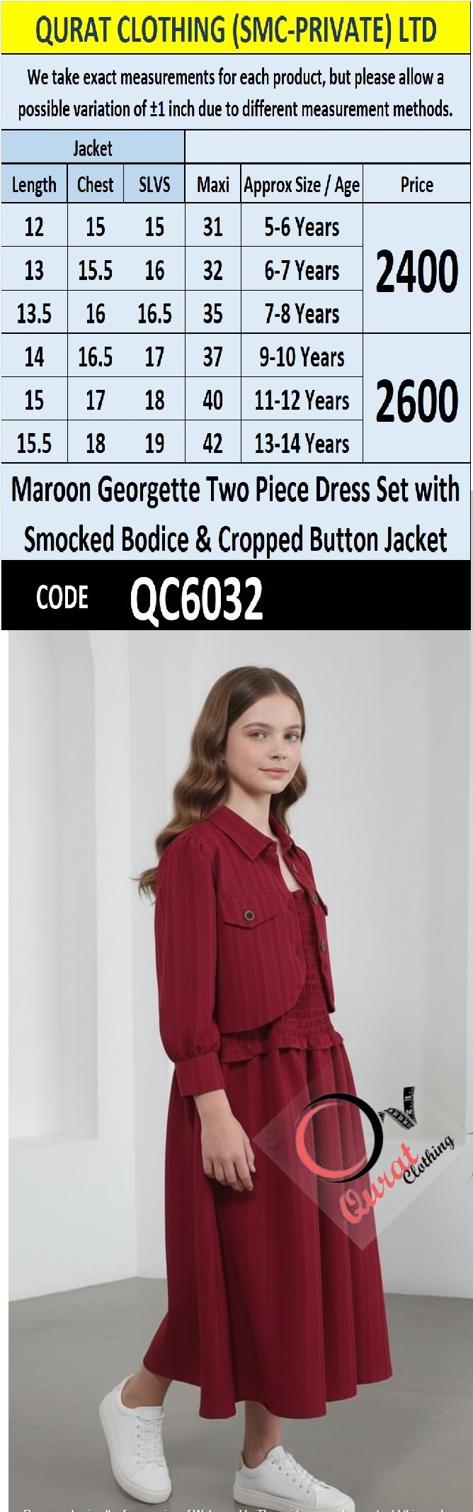 Maroon Georgette Two Piece Dress Set with Smocked Bodice & Cropped Button Jacket – QC6032 - QC6032
