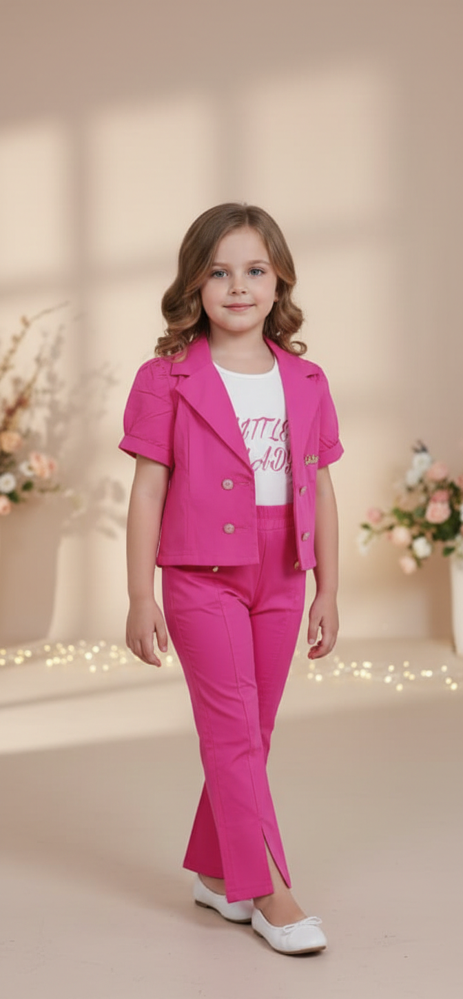 Pink 3-Paiece Suit – Blazer with “Queen” Brooch, “Little Lady” Top & Trousers QC7088 - QC7088