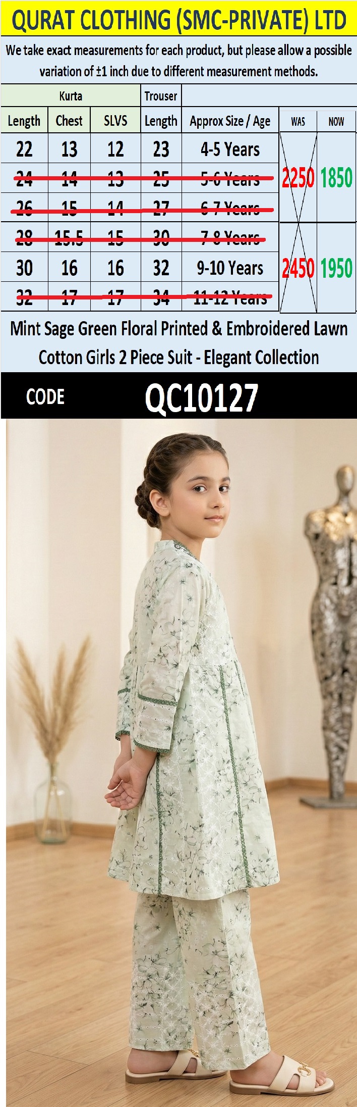 Mint Sage Green Floral Printed & Embroidered Lawn Cotton Girls 2 Piece Suit – Elegant Collection QC10127 - QC10127