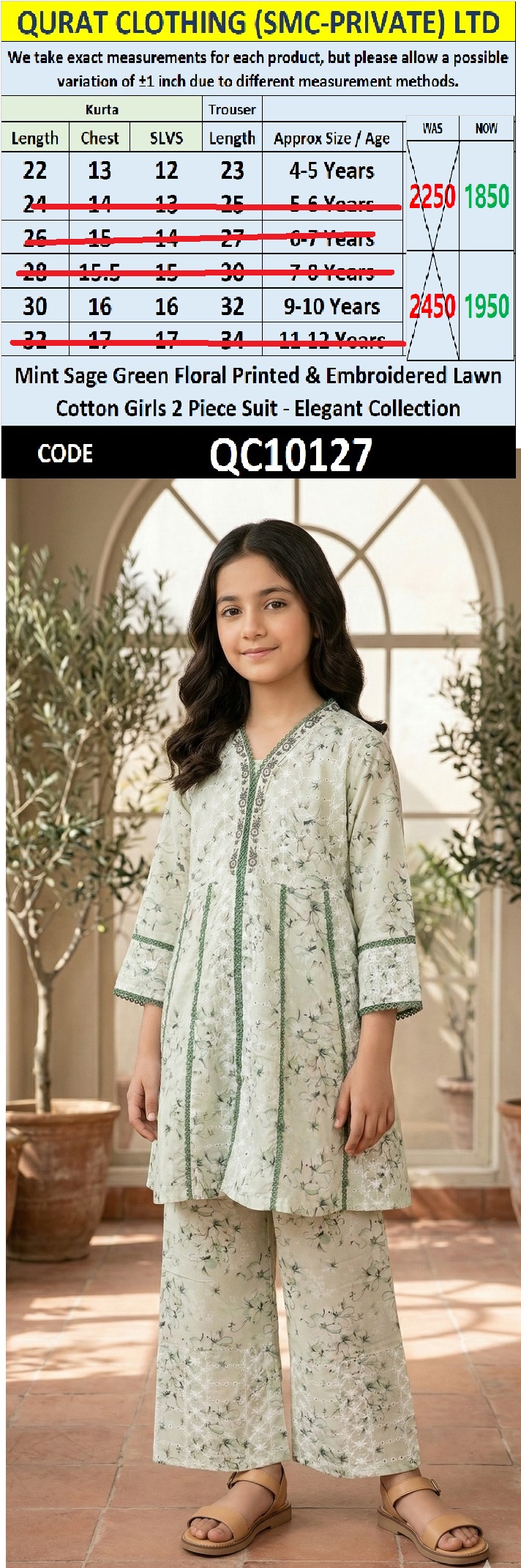 Mint Sage Green Floral Printed & Embroidered Lawn Cotton Girls 2 Piece Suit – Elegant Collection QC10127 - QC10127
