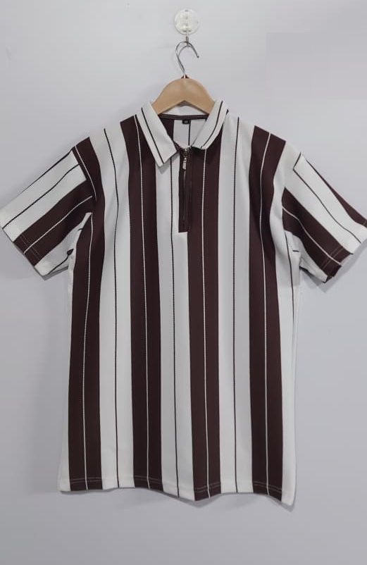 Old Money Brown Stripe Stripe Polo T-Shirt – Premium Zipper Collar Fashion QC8042 - QC8042