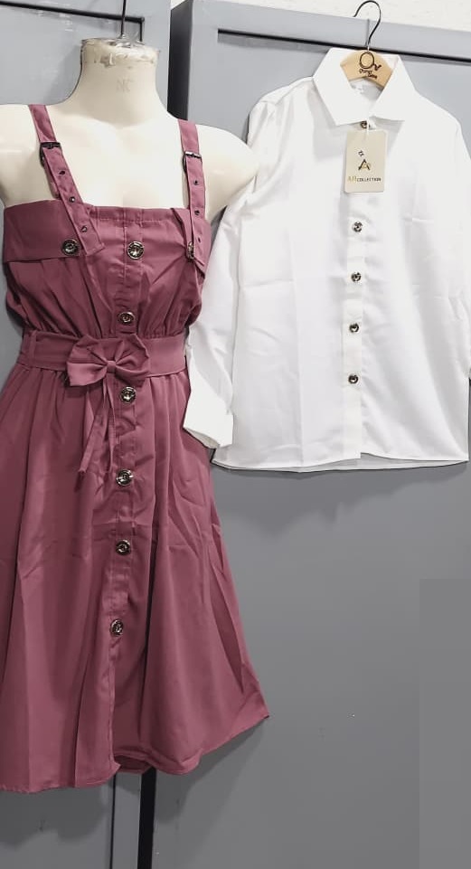 Dusty Mauve Pinafore Dress Two Piece Set with White Button-Down Shirt & Front Bow Detail – QC6036 - QC6036