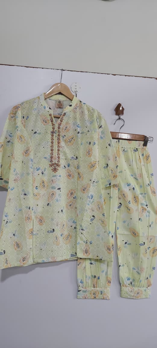Light Lemon Yellow Floral Printed & Embroidered Lawn Cotton Girls 2 Piece Suit – Elegant Outfit QC10124 - QC10124