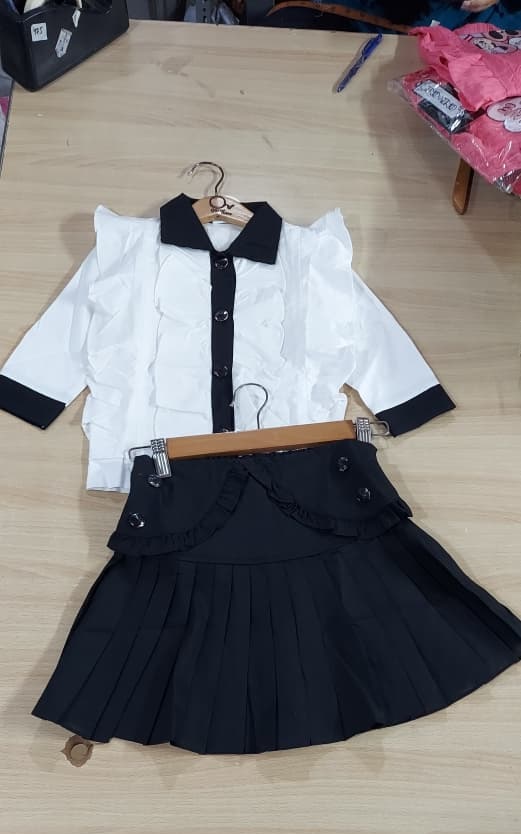 Girls White Ruffle Shirt & Black Pleated Skirt 2-Piece Outfit – Elegant Kids Formal Dress – QC10219 - QC10219