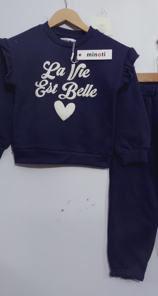 Branded Export Navy Blue La Vie Est Belle Ruffle Thick Fleece 2-Piece Tracksuit Minoti EXPORT - London QC11740 - QC11740