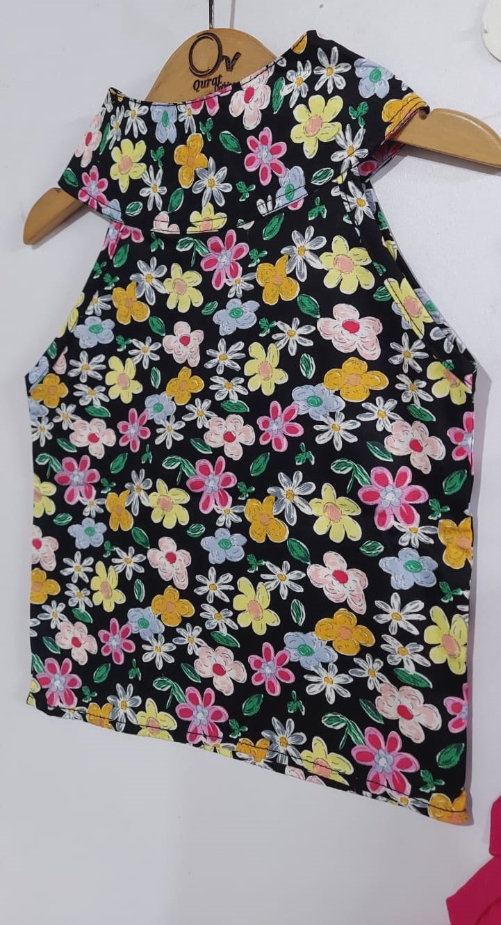Black Floral Print Sleeveless Top with Pink Layered Ruffle Skirt 2-Piece Party Wear Set – QC8001 - QC8001