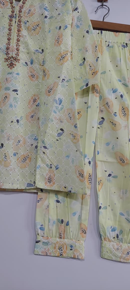 Light Lemon Yellow Floral Printed & Embroidered Lawn Cotton Girls 2 Piece Suit – Elegant Outfit QC10124 - QC10124