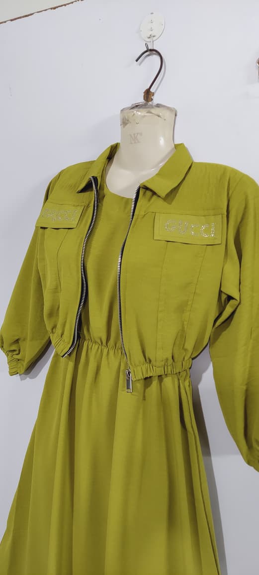 Olive Green Girls 2-Piece Zip Jacket & Elastic Waist Maxi Dress Set – Embellished Pocket Detail– QC7057 - QC7057