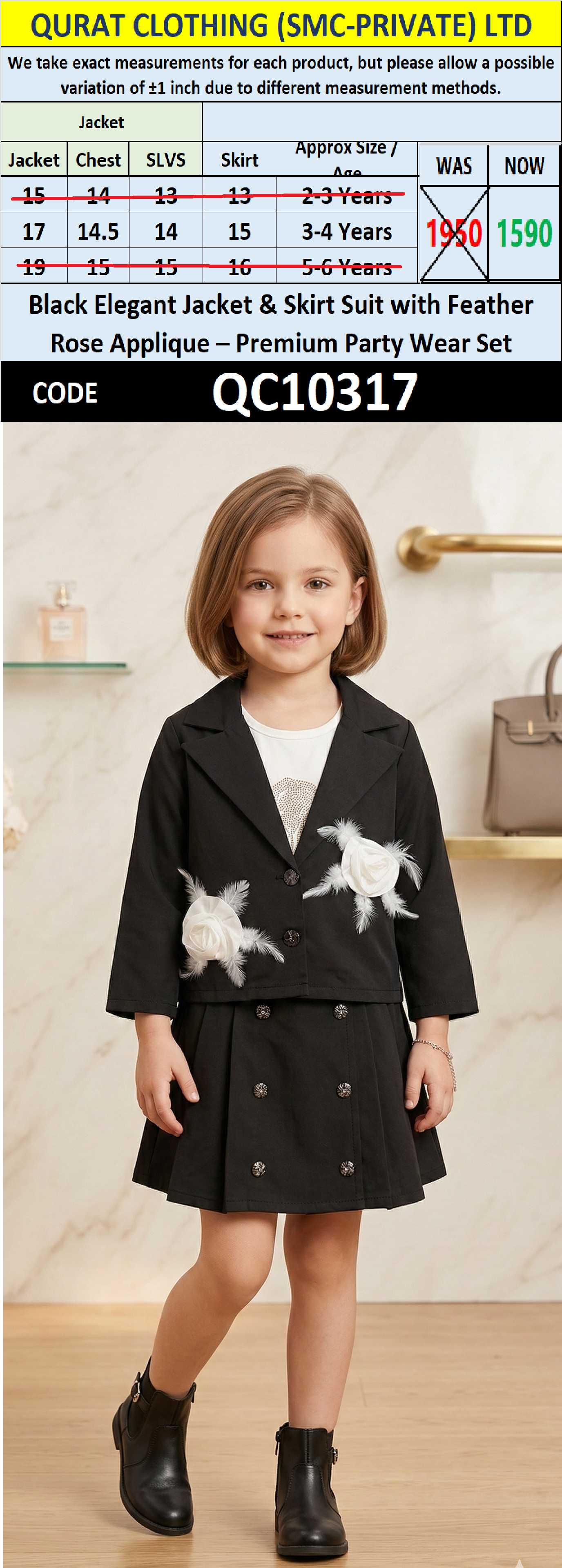 Black Elegant Jacket & Skirt Suit with Feather Rose Applique – Premium Party Wear Set QC10317 - QC10317