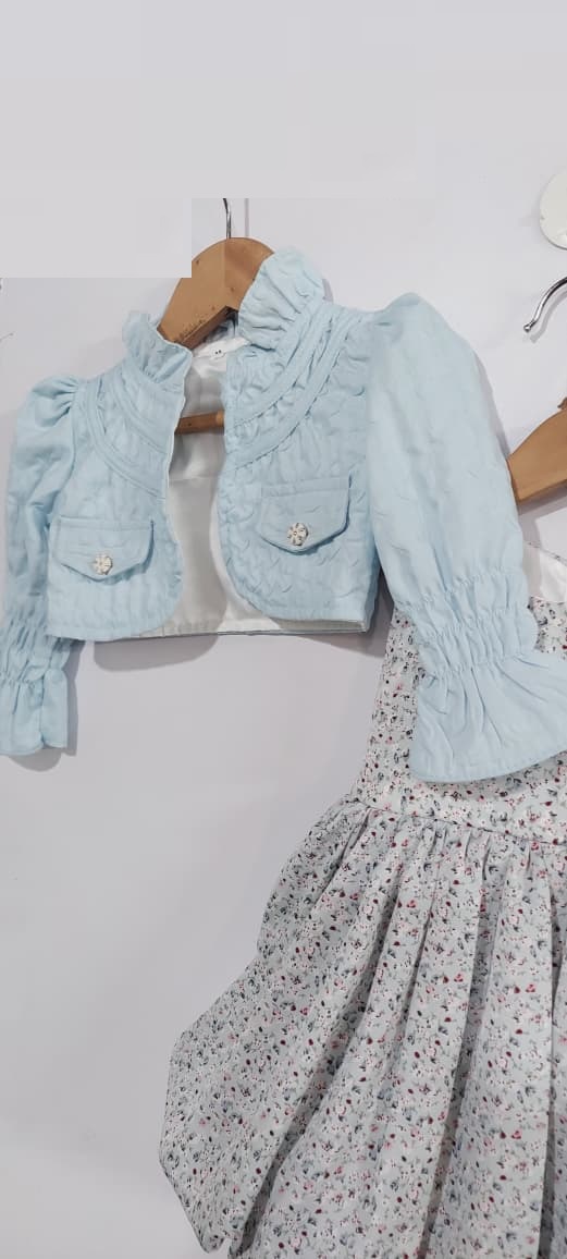 Sky Blue Floral Dress with Cropped Ruffle Jacket & Matching Trouser – Girls 3 Piece Outfit QC7070 - QC7070