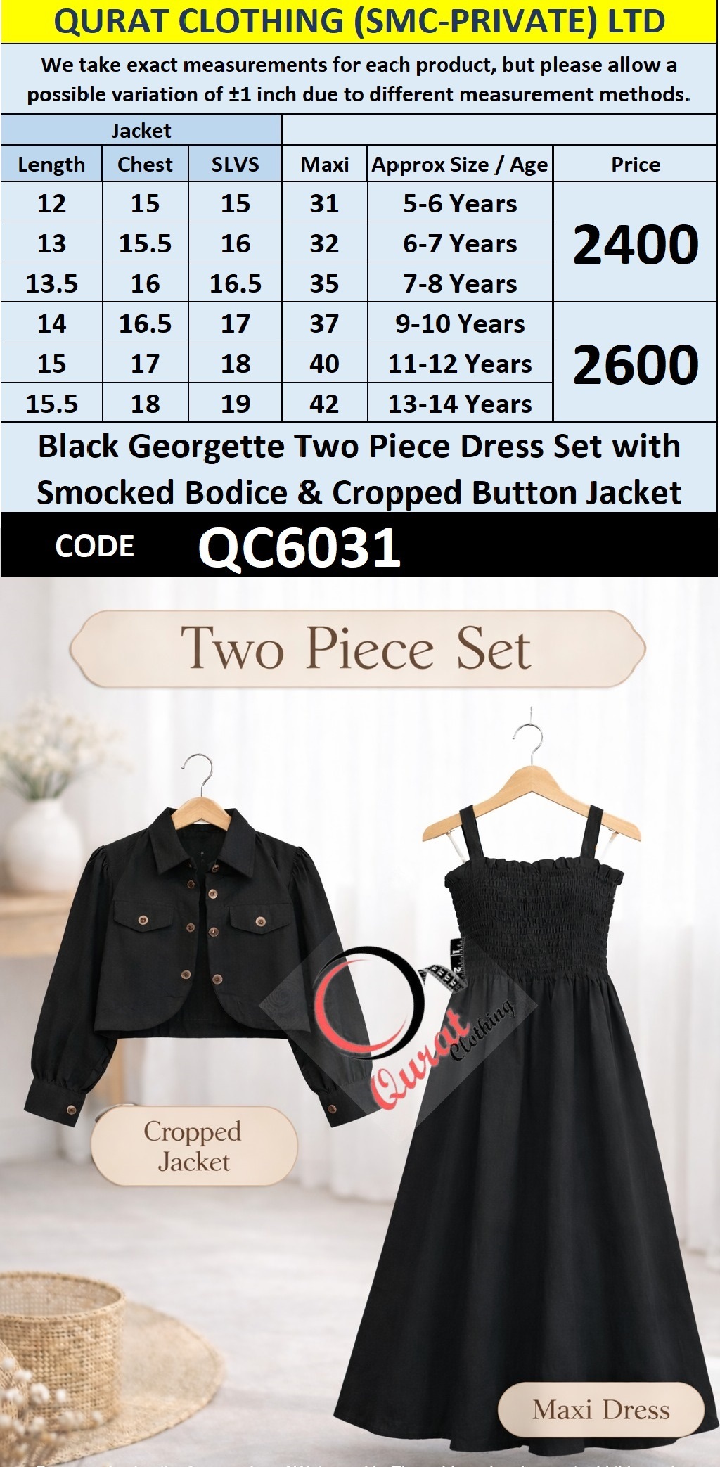 Black Georgette Two Piece Dress Set with Smocked Bodice & Cropped Button Jacket – QC6031 - QC6031