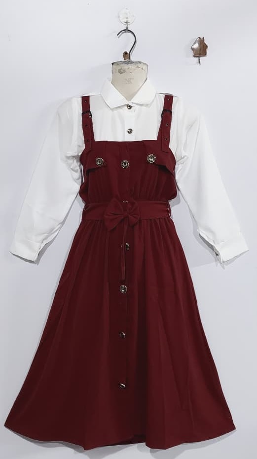 Deep Wine Pinafore Dress Two Piece Set with White Button-Down Shirt & Front Bow Detail – QC6035 - QC6035