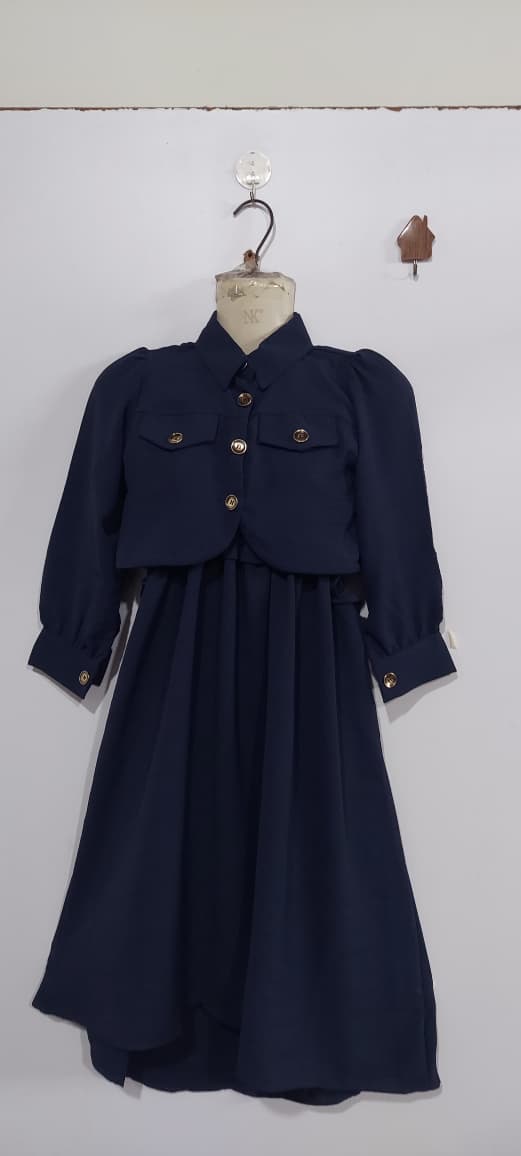 Girls Navy Blue Smocked Chiffon Maxi Dress with Cropped Button-Down Jacket – 2 Piece Formal Set QC7065 - QC7065