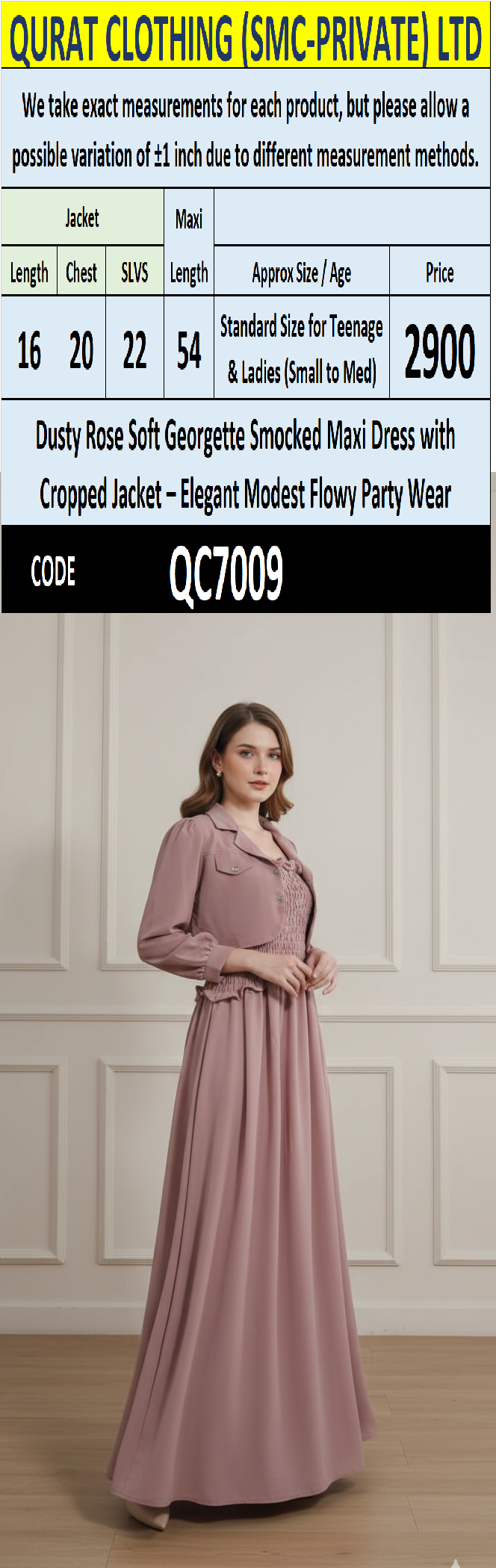 Dusty Rose Soft Georgette Smocked Maxi Dress with Cropped Jacket – Elegant Modest Flowing Party Wear – QC7009 - QC7009