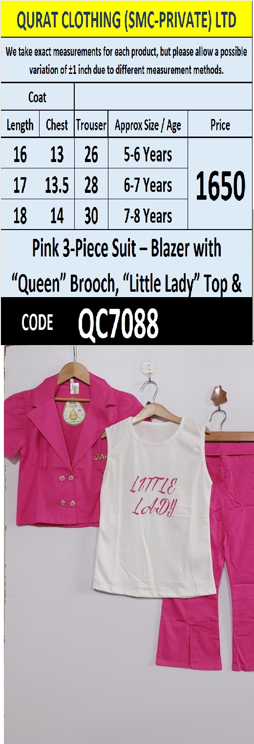 Pink 3-Paiece Suit – Blazer with “Queen” Brooch, “Little Lady” Top & Trousers QC7088 - QC7088