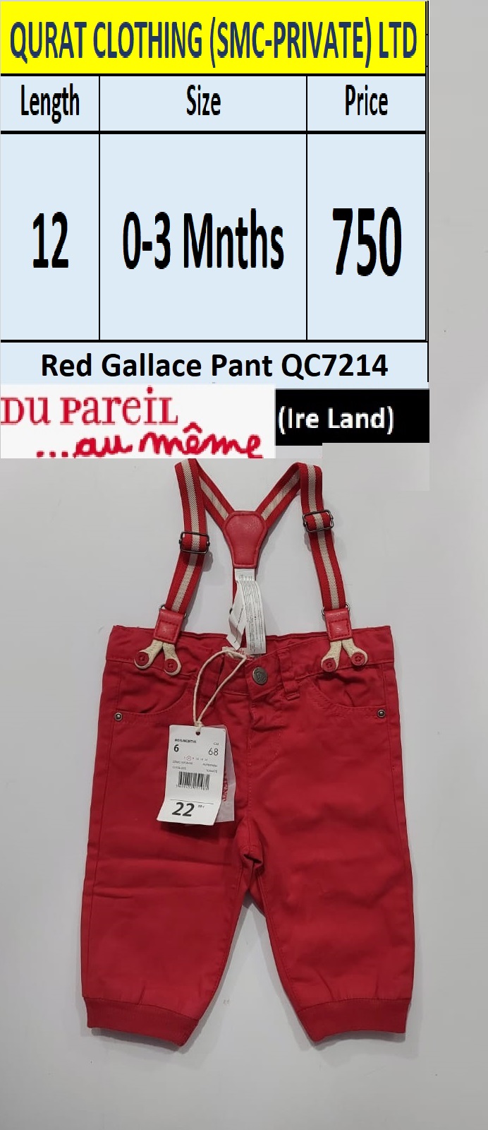 Red Gallace Pant QC7214 Brand Du Pareil Au Meme (Export Ireland) - -