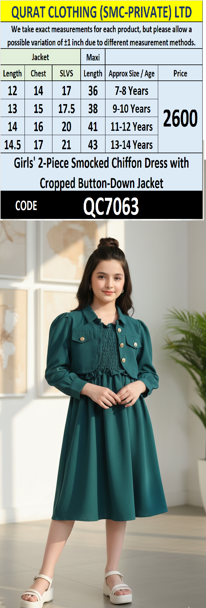 Girls Bottle Green Smocked Chiffon Maxi Dress with Cropped Button-Down Jacket – 2 Piece Formal Set QC7063 - QC7063