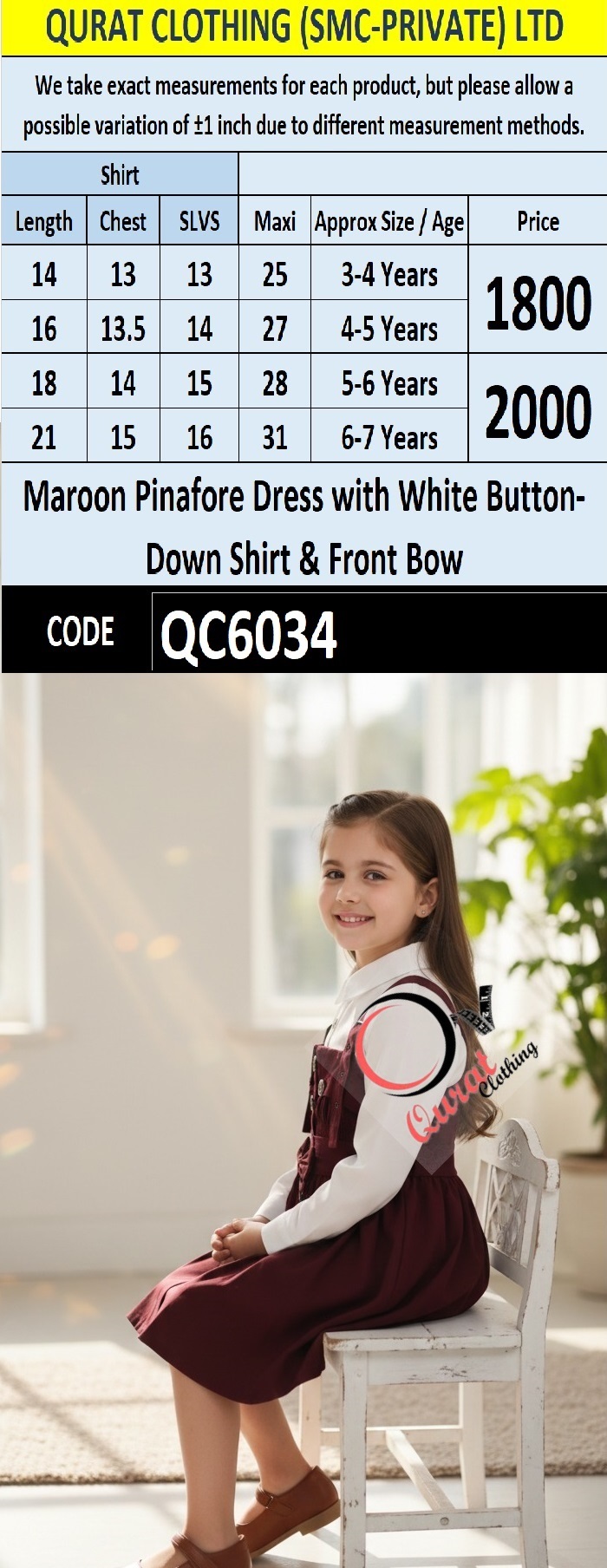 Maroon Pinafore Dress Two Piece Set with White Button-Down Shirt & Front Bow Detail – QC6034 - QC6034
