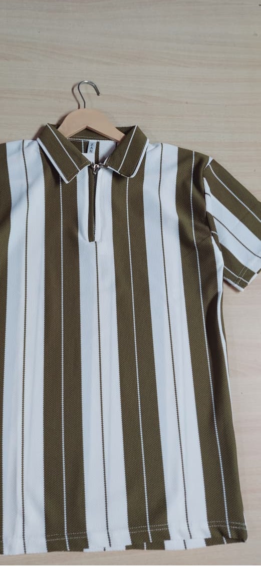 Old Money Olive Green Stripe Polo T-Shirt – Premium Zipper Collar Fashion QC8040 - QC8040