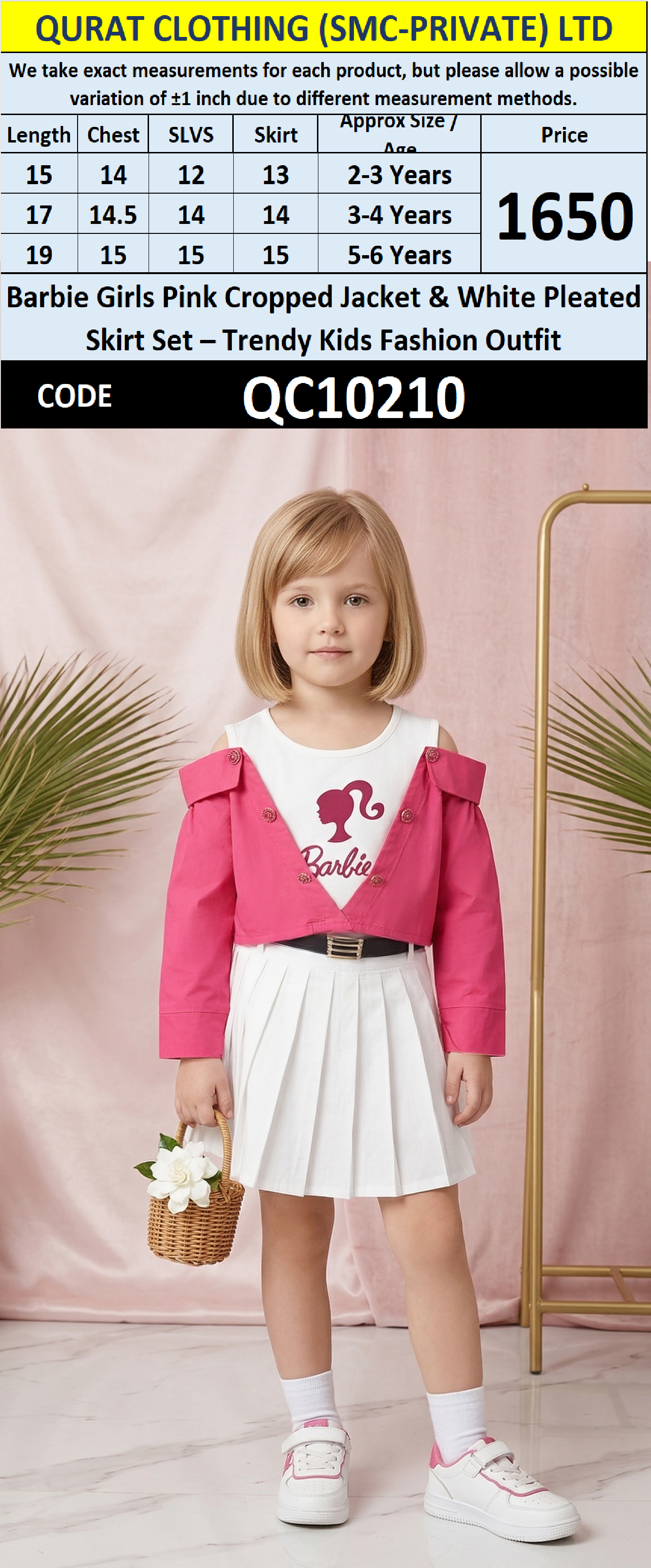 Barbie Girls Pink Cropped Jacket & White Pleated Skirt Set – Trendy Kids Fashion Outfit – QC10210 - QC10210