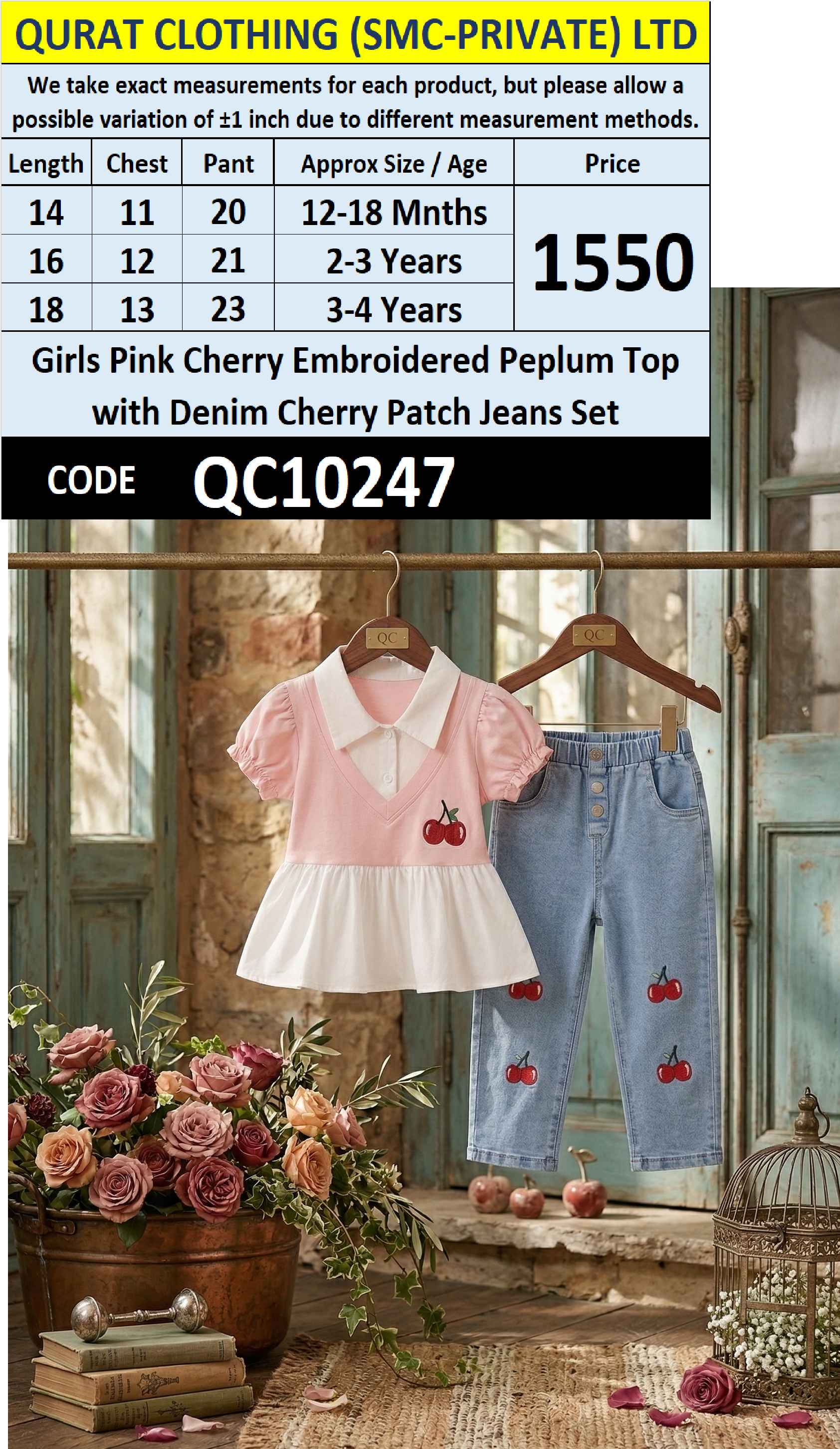 Girls Pink Cherry Embroidered Peplum Top with Denim Cherry Patch Jeans Set – QC10247 - QC10247