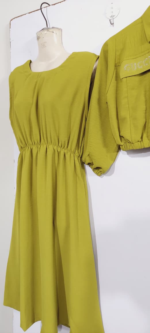 Olive Green Girls 2-Piece Zip Jacket & Elastic Waist Maxi Dress Set – Embellished Pocket Detail– QC7057 - QC7057