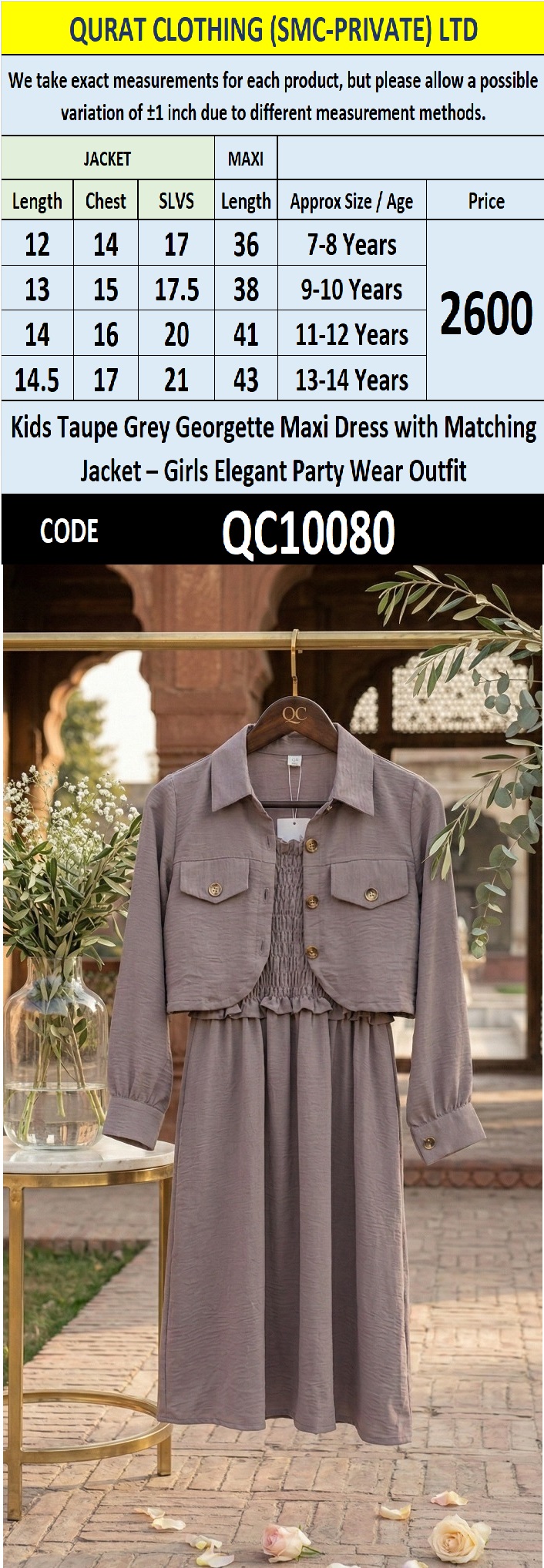 Kids Taupe Grey Georgette Maxi Dress with Matching Jacket – Girls Elegant Party Wear Outfit QC10080 - QC10080