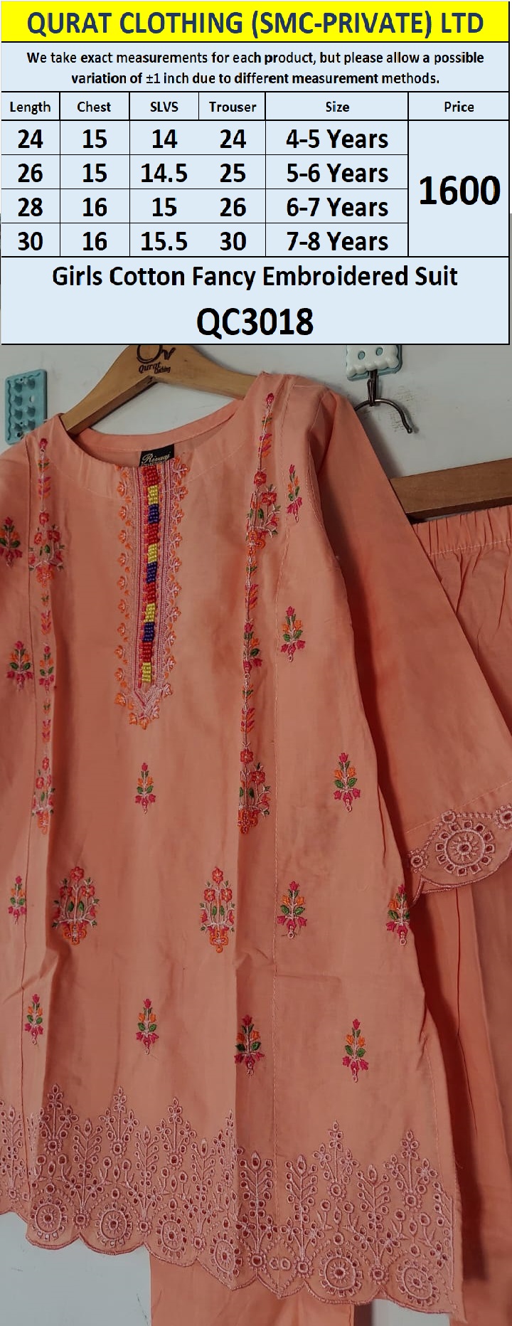 Girls Cotton Fancy Embroidered Suit QC3018 - QC3018