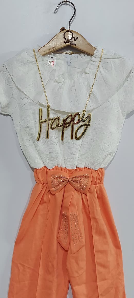Girls White Cotton Eyelet “Happy” Ruffle Neck Peach Bow Belt Jumpsuit QC7076 - QC7076