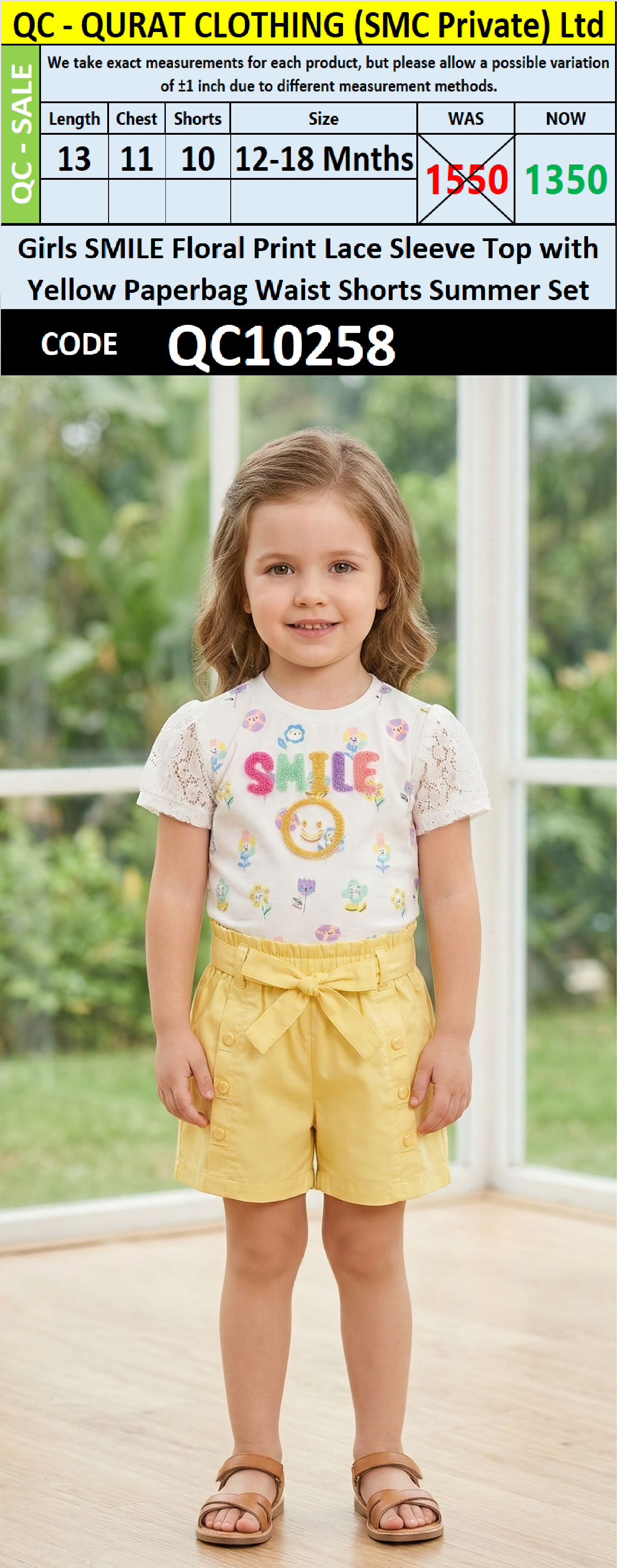 Girls SMILE Floral Print Lace Sleeve Top with Yellow Paperbag Waist Shorts Summer Set – QC10258 - QC10258
