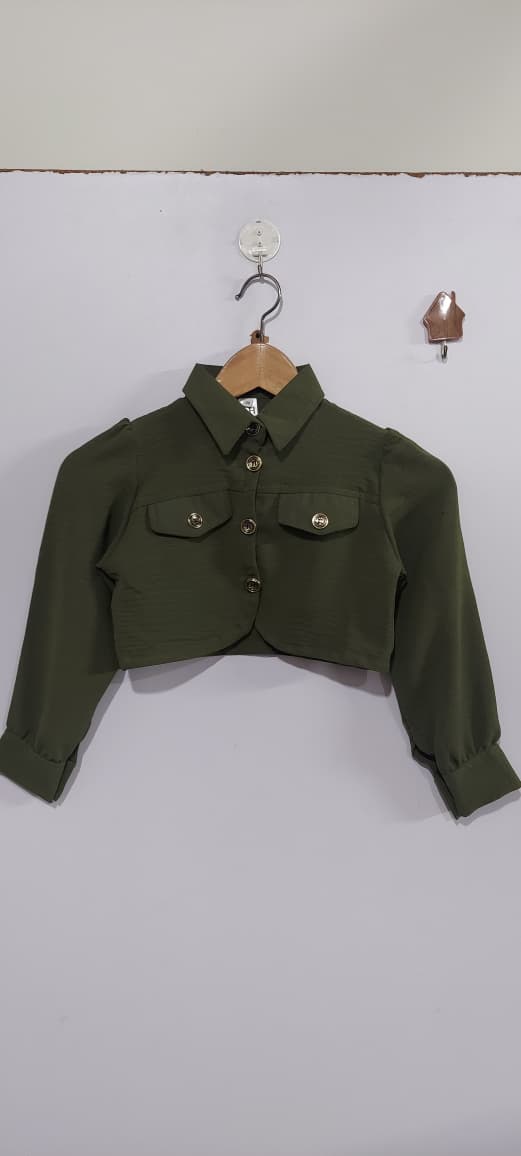 Girls Olive Green Smocked Chiffon Maxi Dress with Cropped Button-Down Jacket – 2 Piece Formal Set QC7064 - QC7064