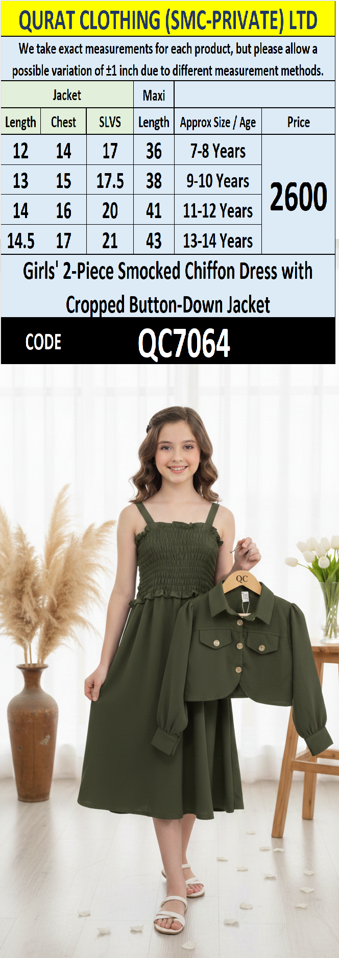 Girls Olive Green Smocked Chiffon Maxi Dress with Cropped Button-Down Jacket – 2 Piece Formal Set QC7064 - QC7064