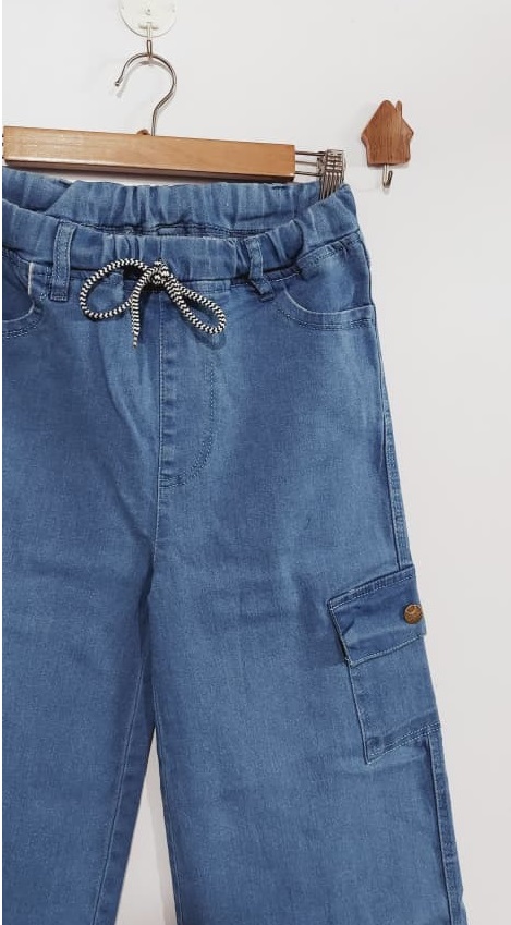 Light Blue Stretchable Denim Wide Leg Cargo Trouser Pant for Women QC7022 - QC7022