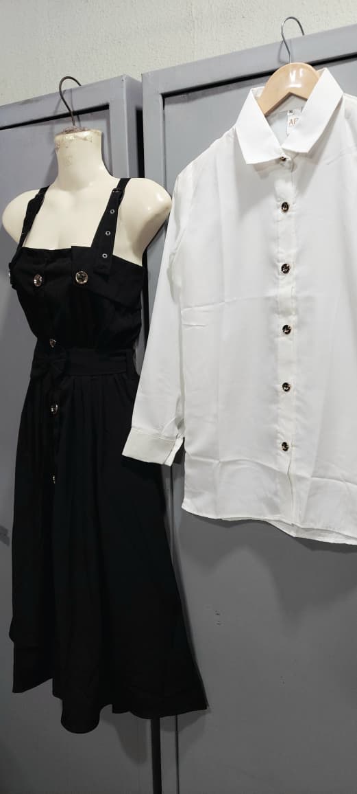 Classic Black Pinafore Midi Dress with White Button-Down Shirt Gold Button Detail – 2-Piece Modest Outfit – QC7068 - QC7068