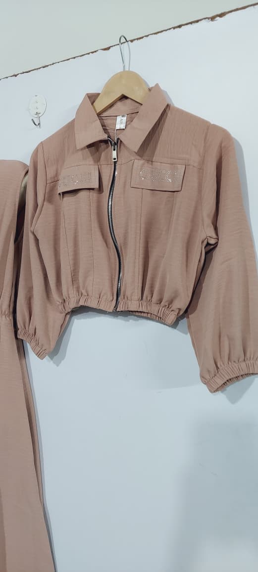 Dusty Rose 2-Piece Zip Jacket & Elastic Waist Maxi Dress Set for Girls – Embellished Pocket Detail - QC7060 - QC7060