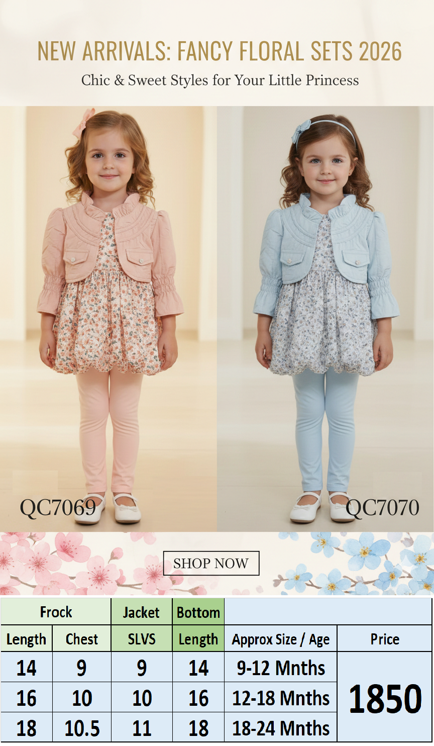 Sky Blue Floral Dress with Cropped Ruffle Jacket & Matching Trouser – Girls 3 Piece Outfit QC7070 - QC7070