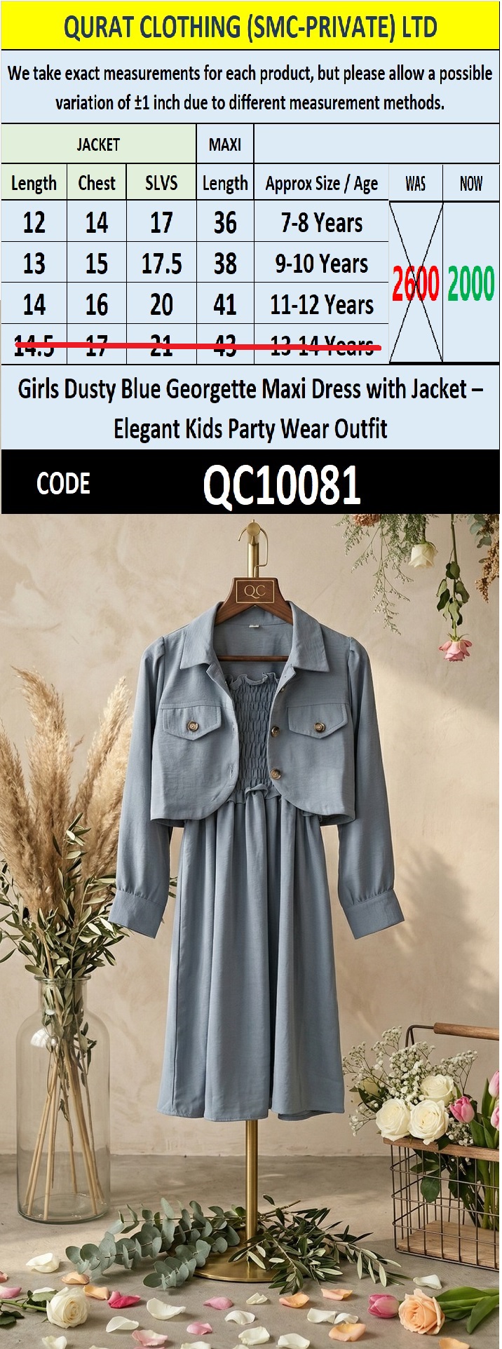 Girls Dusty Blue Georgette Maxi Dress with Jacket – Elegant Kids Party Wear Outfit QC10081 - QC10081