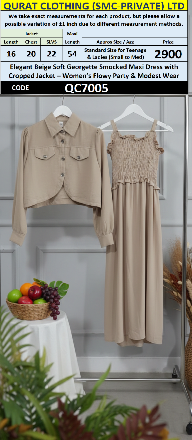 Elegant Beige Soft Georgette Smocked Maxi Dress with Cropped Jacket – Women’s Flowy Party & Modest Wear – QC7005 - QC7005