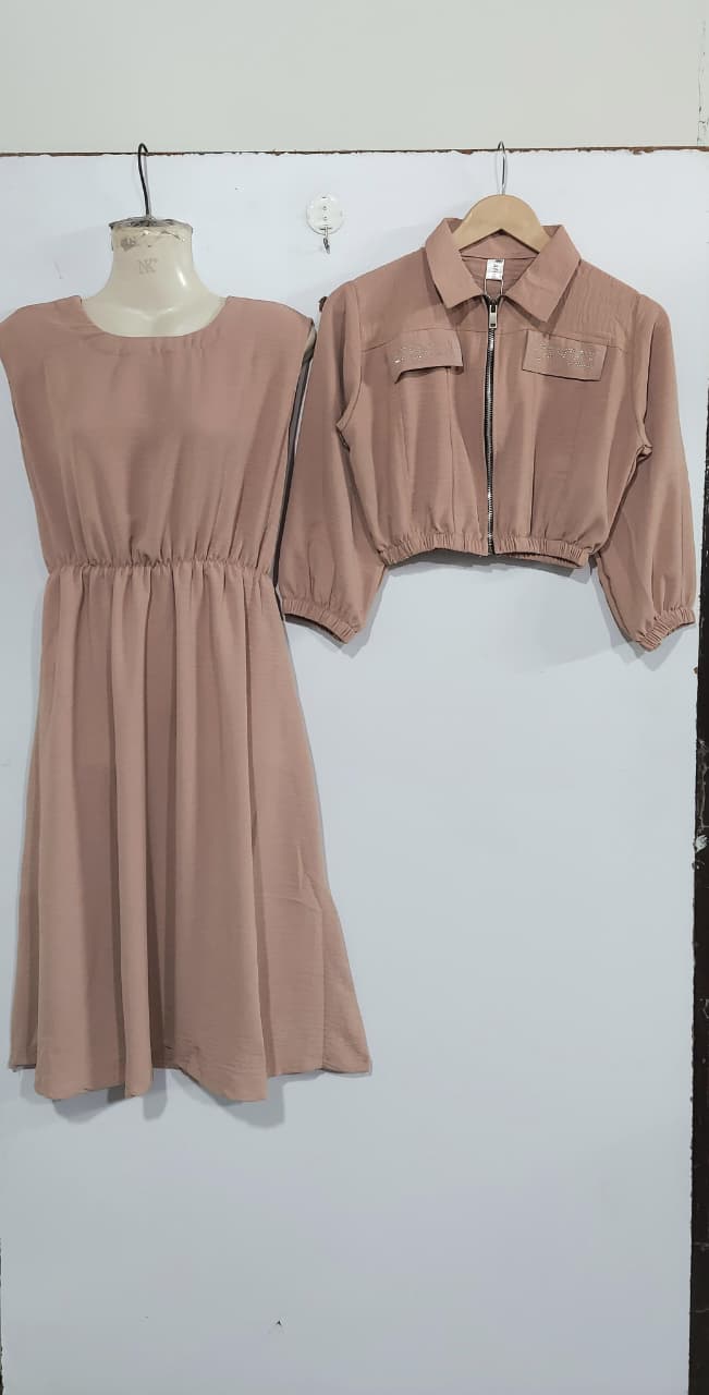 Dusty Rose 2-Piece Zip Jacket & Elastic Waist Maxi Dress Set for Girls – Embellished Pocket Detail - QC7060 - QC7060