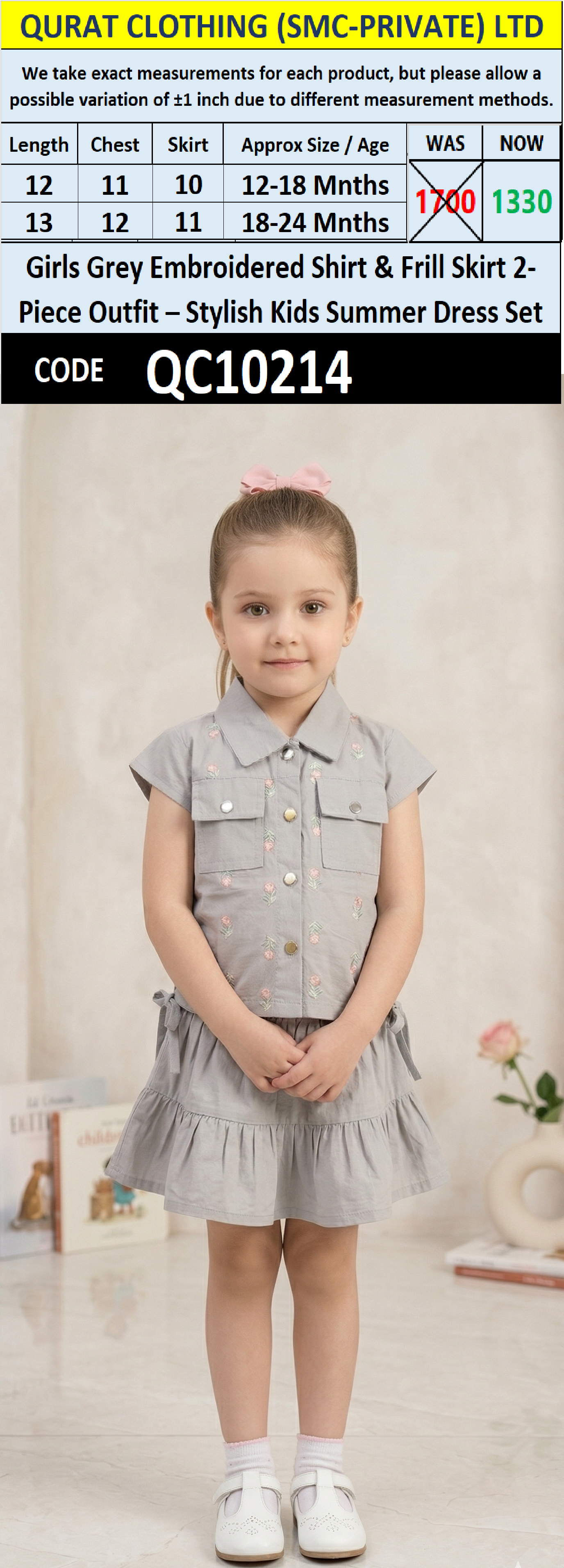 Girls Grey Embroidered Shirt & Frill Skirt 2-Piece Outfit – Stylish Kids Summer Dress Set – QC10214 - QC10214