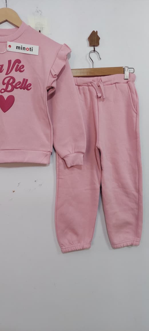 Branded Export Pink La Vie Est Belle Ruffle Thick Fleece 2-Piece Tracksuit Minoti EXPORT - London QC11739 - QC11739