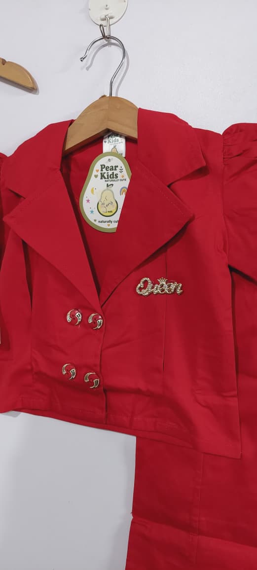 Cherry Red 3-Piece Suit – Puff Sleeve Blazer with “Queen” Brooch, “Little Lady” Top & Trousers QC7087 - QC7087