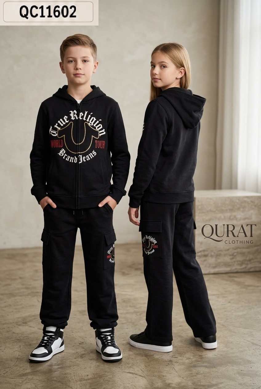 Black True Religion World Tour Brand Jeans Graphic Zip-Up Hoodie & Cargo Jogger FLEECE Tracksuit – Export USA QC11602 - QC11602