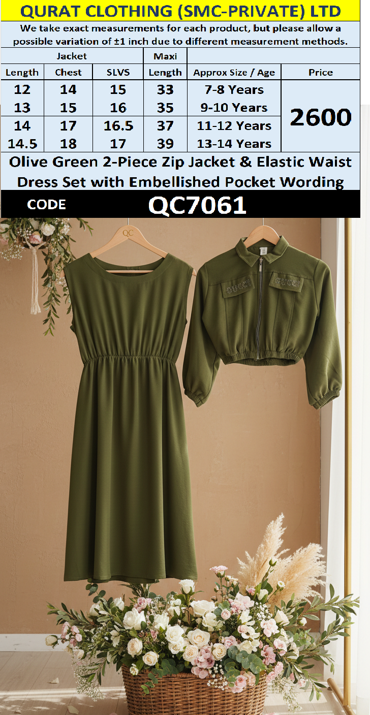 Olive Green 2-Piece Zip Jacket & Elastic Waist Maxi Dress Set with Embellished Pocket Wording for Girls - QC7061 - QC7061