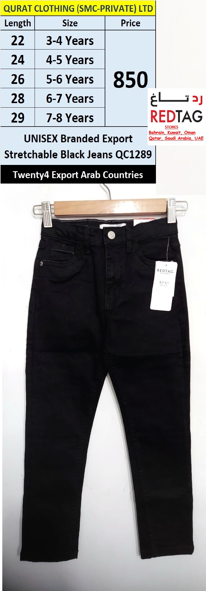RED TAG Fashion Brand Unisex Black Stretchable Jeans QC1289 Export Arab Countries - QC1289