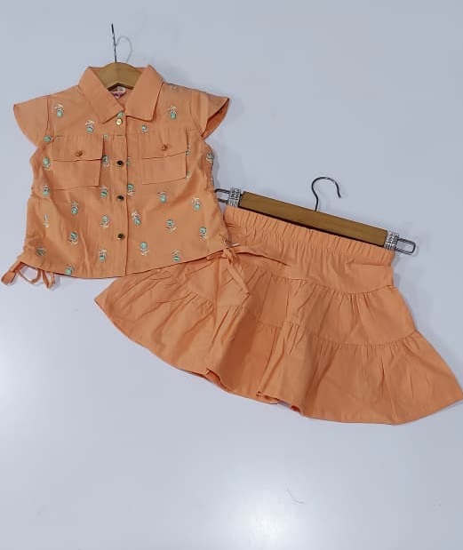 Girls Peach Embroidered Shirt & Frill Skirt 2-Piece Outfit – Stylish Kids Summer Dress Set – QC10215 - QC10215
