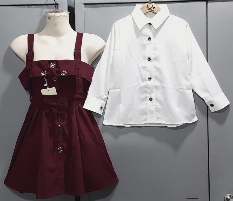 Maroon Pinafore Dress Two Piece Set with White Button-Down Shirt & Front Bow Detail – QC6034 - QC6034