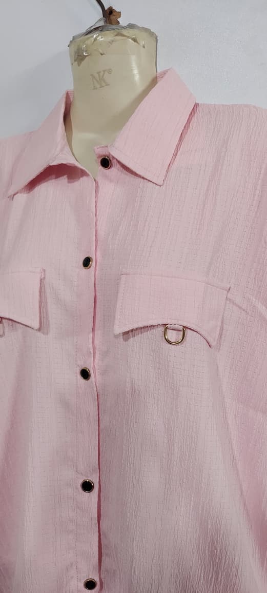 Light Pink China Crush Textured Button-Down Long Shirt – Elegant Relaxed Fit Formal Tunic QC6097 - QC6097