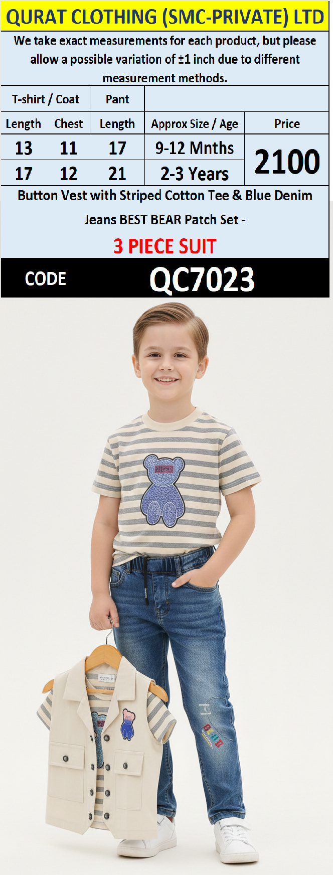 Button Vest with Striped Cotton Tee & Blue Denim BEST BEAR Patch 3 Piece Boys Suit QC7023 - QC7023