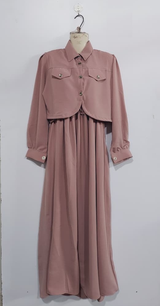 Dusty Rose Soft Georgette Smocked Maxi Dress with Cropped Jacket – Elegant Modest Flowing Party Wear – QC7009 - QC7009